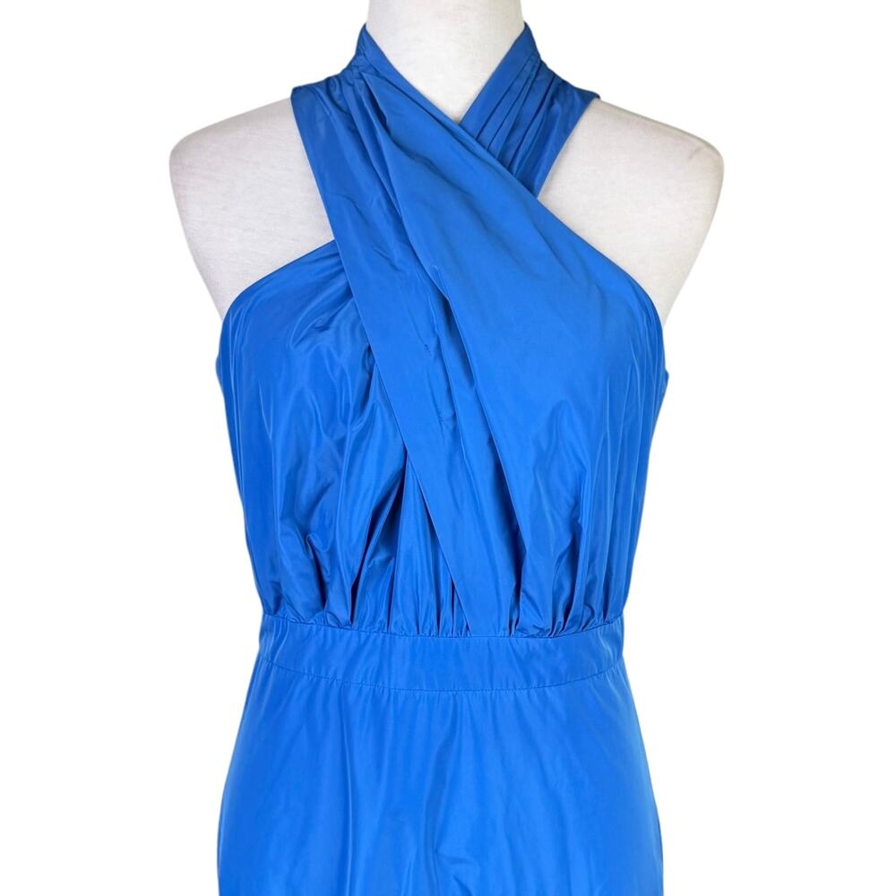 Veronica Beard Radley Blue Asymmetric Tiered Taffeta Crossover Neck Maxi Dress - Picture 5 of 11